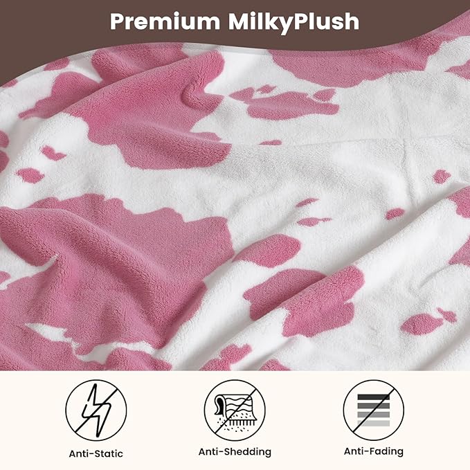 Cozy Bliss Cow Print Throw Blanket for Bed - Fuzzy Thick Soft Warm Fleece Blankets for Couch & Bed, for Women Men Girls Kids, Pink Large King Size 120"*100"