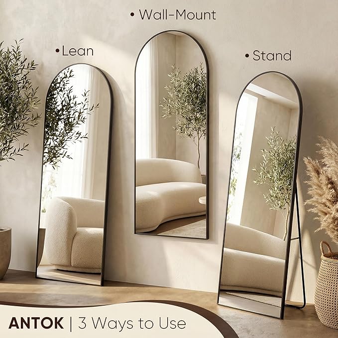 Antok 56" x15” Arched Full Length Floor Mirror, Black Aluminum Frame, Free Standing/Wall Mount/Leaning for Bedroom, Living Room, Dressing Room