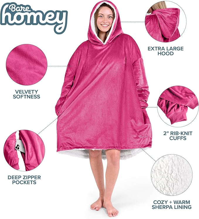Bare Home Wearable Blanket Hoodie - Soft Plush Sherpa - Warm and Cozy - Oversized Wearable Blanket - Adult & Kid Sizes