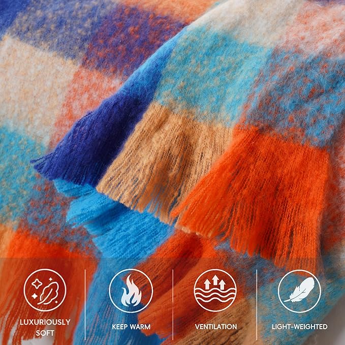 BATTILO Colorful Plaid Throw Blanket for Couch Bed, Fall Blue Plaid Throw Blanket with Vibrant Colors,Super Soft Cozy Cashmere Mohair Tartan Plaid Blanket for Fall Decor Home Decor(50"x60")