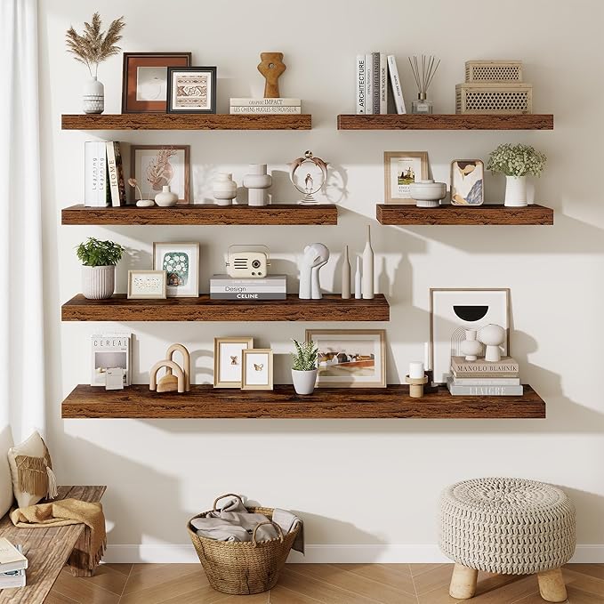 Fun Memories 24 Inch Floating Shelves Wall-Mounted, 12 Inch Deep Wall Shelves, 24 x 12 Floating Shelf, Deep Storage Shelf for Living Room Bathroom Bedroom, Rustic Brown, Set of 2