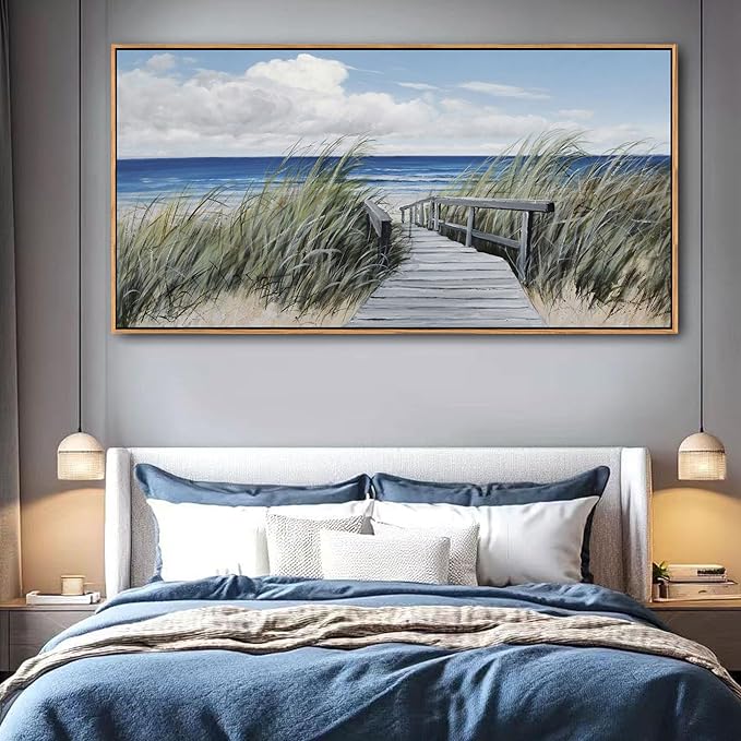 Coastal Wall Art for Living Room - Vintage Farmhouse Landscape Artwork for Walls, Framed Blue Seascape Canvas Decor, Beach Pictures for Bedroom, Ocean Wall Decor Home Decorations 29×58IN