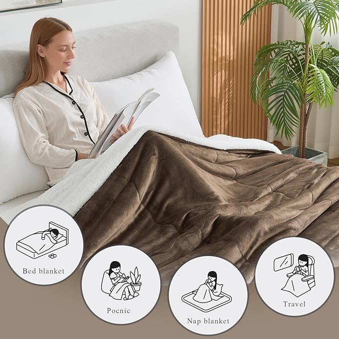 CHOSHOME Sherpa Fleece Blanket- Thick Warm Blanket for Winter, Soft Fuzzy Plush Blanket for Bed, Couch, Travel (Brown, Queen 90" x 90")