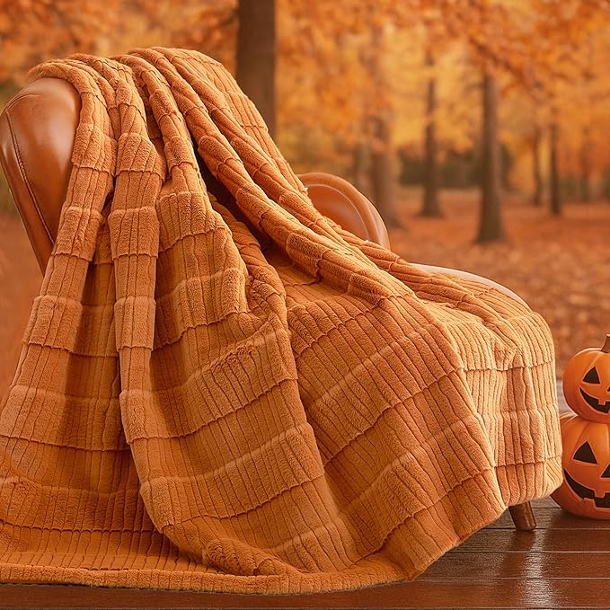 Amélie Home Luxury Striped Faux Fur Throw Blanket for Couch, Soft Cozy Fuzzy Fluffy Soft Plush Blankets Sofa Chair Gift Blankets for Women, 60"x80", Brown