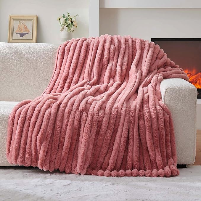 Lotus Karen Fluffy Faux Fur Throw Blanket for Couch Bed, Large 650GSM King Size Cozy Soft Warm Rabbit Fur Striped Pink Blanket for Women, Luxury Throw for Gift Home Decor (Pink, 104x90 Inch)