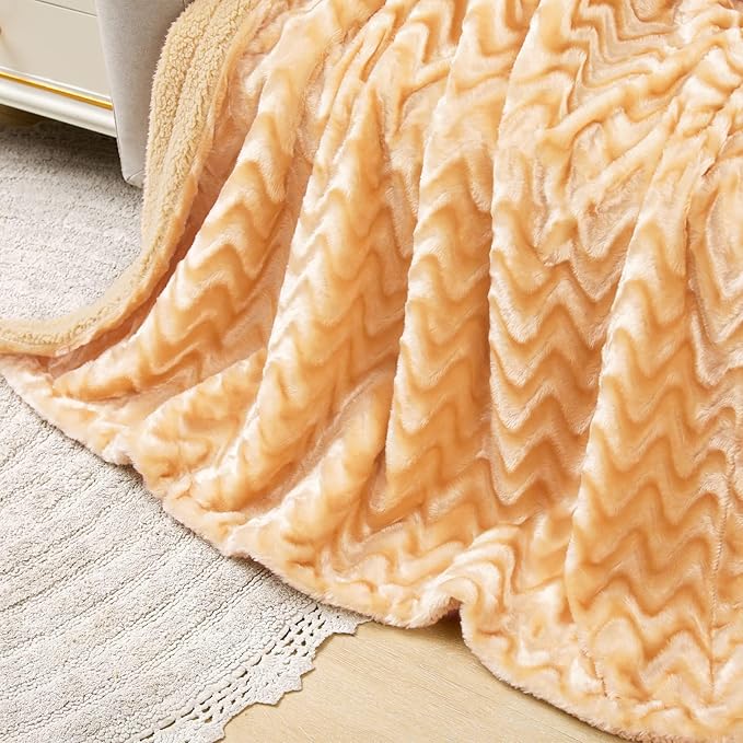 Whale Flotilla Faux Fur Sherpa Throw Blanket for Couch Sofa, Cozy Reversible Fuzzy Fluffy Plush Throws for All Season, Warm and Soft, 50x60 Inch, Light Gold