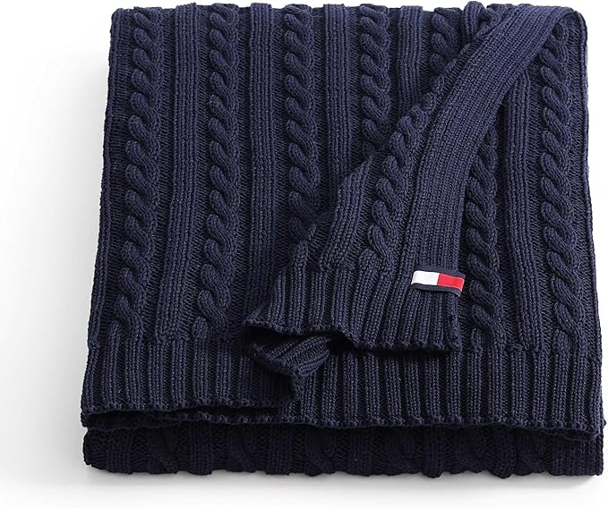 Tommy Hilfiger - Blanket, Ultra-Soft Cable Knit Throw Blanket for Bed or Couch, Lightweight Bedding with a Soft Textured Feel & Iconic Flag Logo (Blue, 50" x 70")