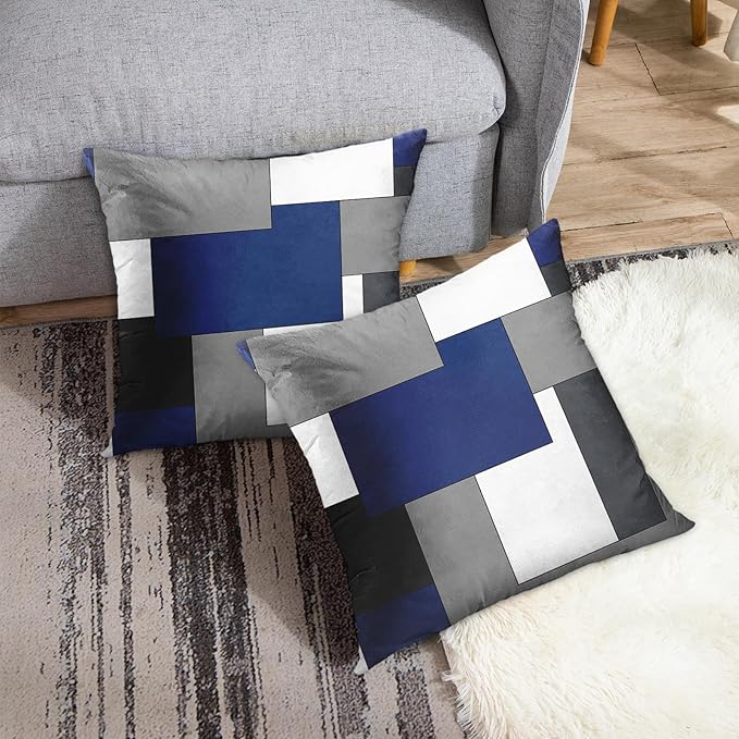 Emvency Set of 2 Dark Blue Geometric Throw Pillow Cover Black Grey White Painting Abstract Checkered Design Decorative Pillow Case Modern Home Decor Standard Square 18x18 Inch Cushion Pillowcase
