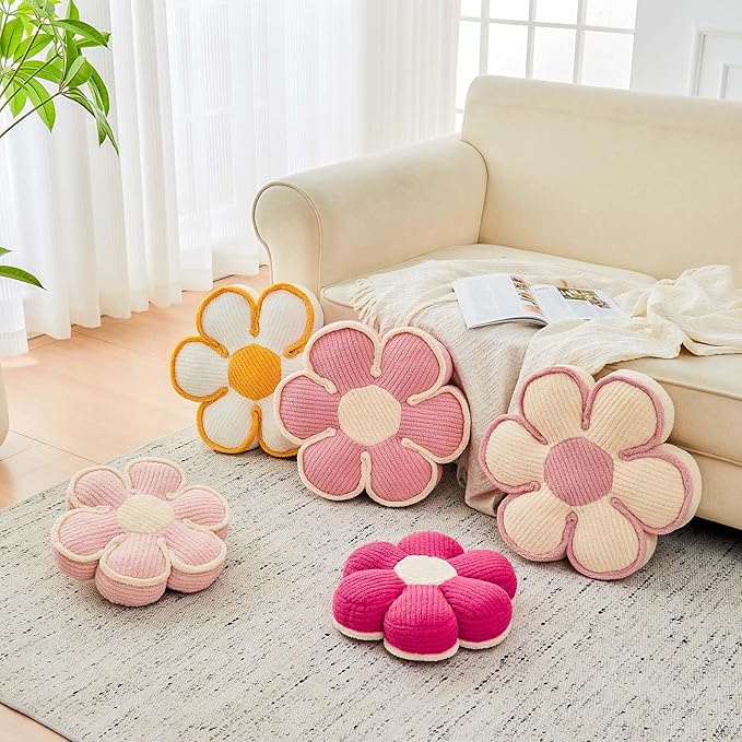 Kcvvcr Flower Pillow, Soft Flower Decorative Throw Pillow, Cute Daisy Flower Shaped Seating Floor Cushion Room Décor Plush Pillows for Sofa Couch Bed (13.7 Inch, Ivory)