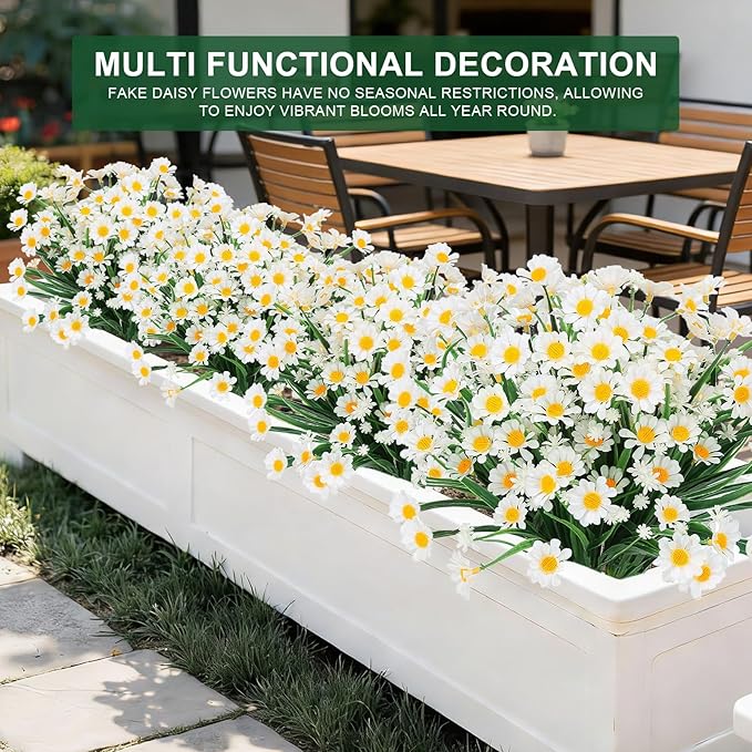 TURNMEON 8 Bundles Artificial Daisy Flowers Outdoor Summer Decor, UV Resistant Fake Flowers Faux Plastic Greenery Shrub Plants for Hanging Gardens Window Porch Box Indoor Spring Cemetery Décor(White)
