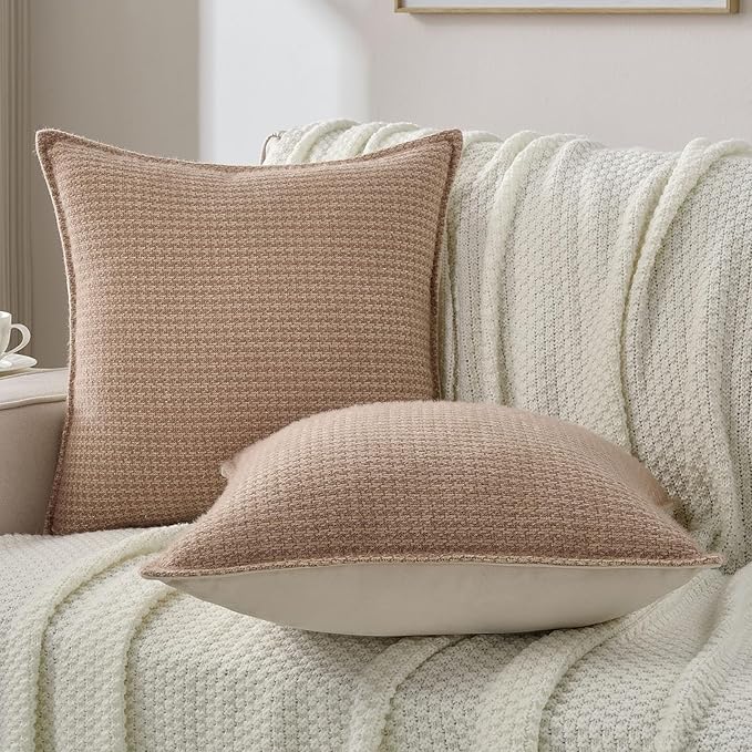 FUTEI Camel Decorative Throw Pillow Covers 16x16 Inch Set of 2,Soft Houndstooth Gingham Textured Cushion Case,Modern Home Decor for Couch Bed Living Room