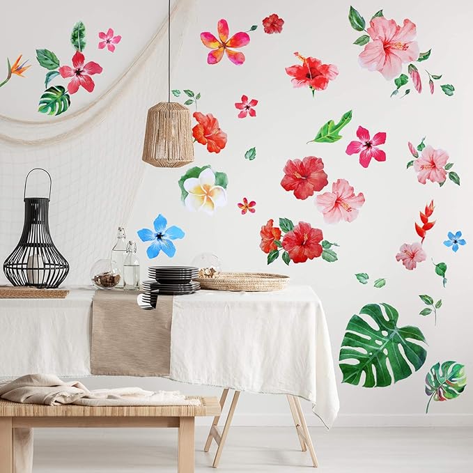 Zonon 66 Pieces Large Hawaiian Floral Wall Decals Jungle Tropical Palm Leaves Window Clings Removable Hibiscus Flower Wallpaper Stickers Green Plants Peel Sticker for DIY Craft Classroom Home Decor