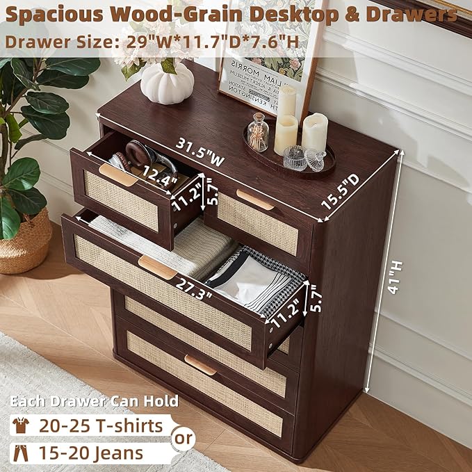 LEYAOYAO Rattan Dresser for Bedroom Set of 2, 41" Tall Chest of Drawers, Modern 6 Drawers Boho Dressers with Storage, Vintage Brown Dresser Wooden Closet Organizer for Living Room, Hallway