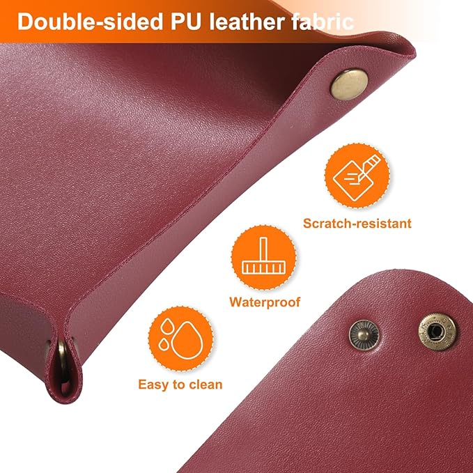HARFINGTON 2pcs PU Leather Valet Tray Unisex Folding Small Catchall Tray Portable Entryway Table Tray Nightstand Bedside Desk Tray for Key Wallet Watch Coin Jewelry Dice, Wine Red