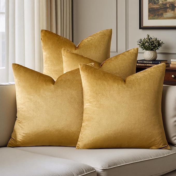GIGIZAZA Decorative Pillow Covers 20x20: Pack of 4 Soft Throw Pillows Square Golden Covers - Velvet Solid Luxury Couch Cushion Covers for Living Room,Bedroom,Sofa,Room Decor