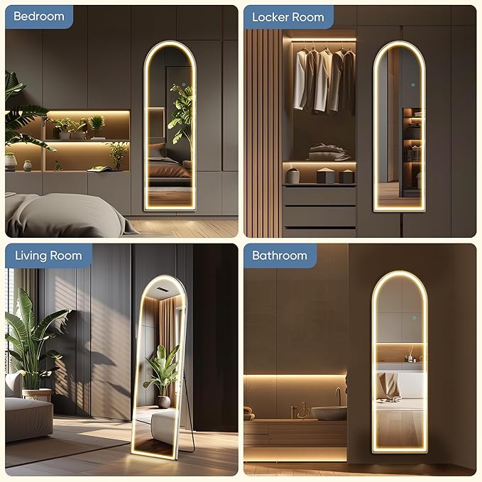 DUMOS Arched Full Length Mirror with Light-15.7×59.8" LED Floor Standing Mirror with 3 Color Lights & Wall Mounted for Bedroom, Dressing Room, Living Room, Bathroom