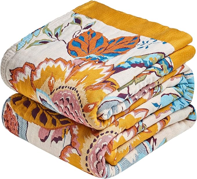 Boho Throw Blanket - 90"x90" 100% Cotton Ultra Soft Lightweight Spring Blanket, 4-Layer Breathable Muslin Blankets for Bed Couch, Reversible Green Floral Butterfly Printed Bohemian Cotton Quilt