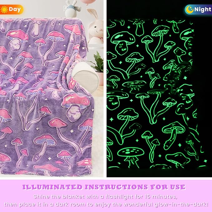 Mushroom Throw Blanket Gifts for Women Girls, Glow in The Dark Mushroom Decor Cute Blankets for Bed Sofa Couch, Cottagecore Room Decor Stuff Kids Gifts for Birthday Christmas