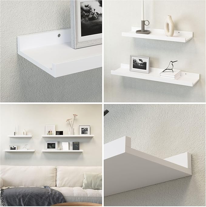 55.1 Inches Long Floating Shelves, 2 Set Rustic Wall Shelf for Bedroom, Nursery Book Shelf with Lip, Picture Ledge Shelf for Living Room, Bathroom, Kitchen - White