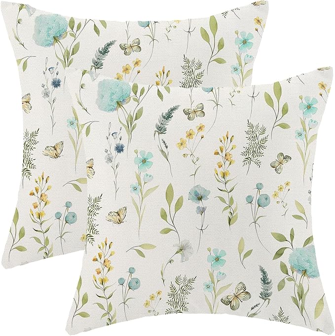Spring Pillow Covers 20x20 Inch Set of 2, Aqua Teal Sage Green Wild Flower Throw Pillows Case,Colorful Seasonal Floral Plant Outdoor Decorative Farmhouse Decor Cushion Covers for Sofa Bed Couch