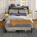 Bestier Queen Bed Frame with Horizontal Golden Stripe Storage Headboard&LED Nightstands, Metal Platform Bed with Charging Station, Heavy Duty Metal Slats, No Box Spring Needed, Noise Free(Grey Oak)