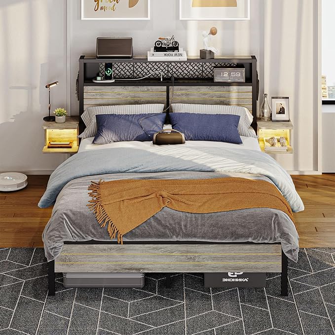 Bestier Queen Bed Frame with Horizontal Golden Stripe Storage Headboard&LED Nightstands, Metal Platform Bed with Charging Station, Heavy Duty Metal Slats, No Box Spring Needed, Noise Free(Grey Oak)