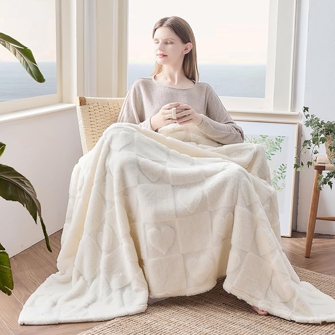 NEWCOSPLAY Super Soft Twin Blanket Ivory Love Premium Silky Flannel Fleece 3D Heart Checkered Lightweight Bed Blanket All Season Use (Ivory Love, Twin(60"x80"))