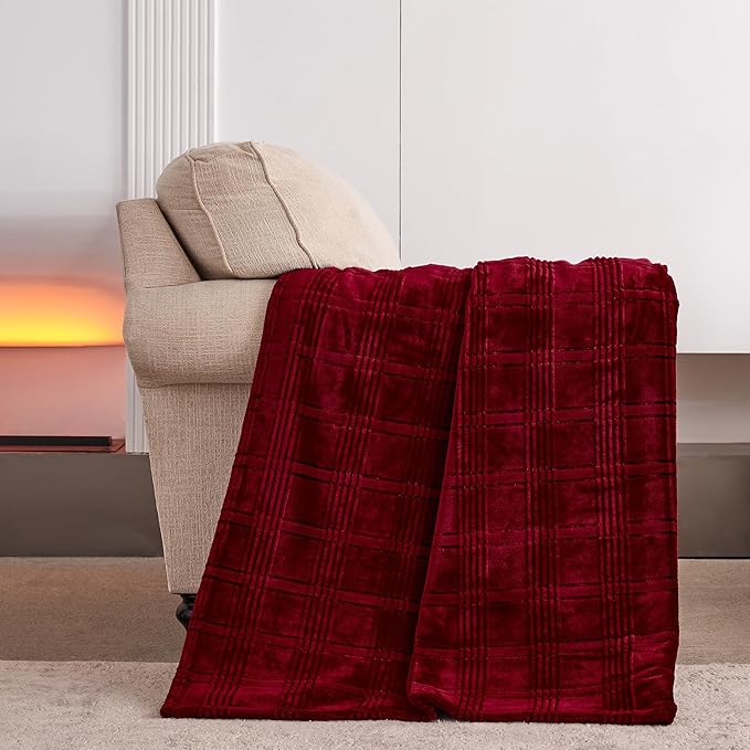 Super Soft Flannel Twin Blanket 60x80 Inches, Premium Checkered Jacquaed Silky Fleece Lightweight Bed Blanket All Season Use, Burgundy Strip, 60"x80"