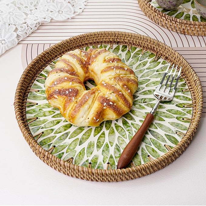 Round Rattan Tray with Mother of Pearl Inlay, Decorative Rattan Serving Tray for Home Boho Decor, Coffee Table, Bread, Food, Tea Ottoman Trays, Fruit Wicker Basket,100% Natural Materials Green- 12"