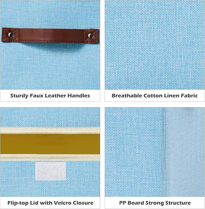 2PCS Storage Boxes with Lid Cotton Linen Fabric Storage Bins Organizer Container Decorative Collapsible Washable Shelf Closet Baskets Faux Leather Handles Home Bedroom (Light Blue, Small)