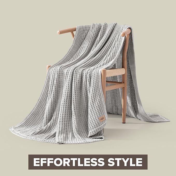 UGG Luna Knit Blanket Throw Cotton Chunky Soft Throw for Couch or Bed Cozy Warm Waffle Giftable Lightweight Blanket for Living Room Bedroom or Dorm Machine Washable, 50-inch x 70-inch, Stone Grey
