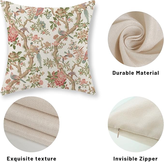 Chinoiserie Pillow Covers 16x16 Set of 2 Pink Green Bird Floral Throw Pillows Vintage Pink Flower Bird Decorative Pillow Cases Outdoor Chinoiserie Decor Farmhouse Cushion Case for Couch Sofa