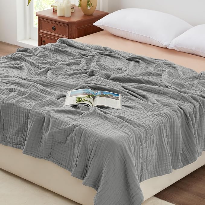 Love's cabin 100% Cotton Muslin Blanket, 6 Layer Lightweight Breathable Gauze King Size Blanket 108 x 90 Inches, Soft Summer Blanket for Bed, Medium Grey