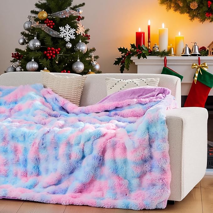 Lotus Karen Faux Fur Throw Blanket Tie-Dye Purple Rainbow - Big Bubble Rabbit Fluff Blanket for Couch, Large Fluffy Fuzzy Cozy Blanket,Thick Furry Plush Shaggy Blankets,108x90 Inches