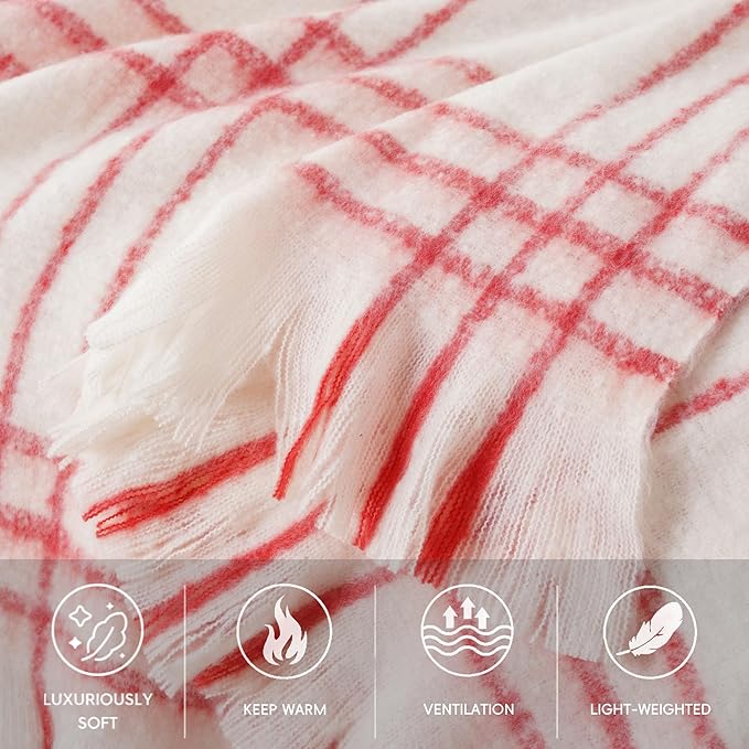 BATTILO Cream Plaid Throw Blanket for Couch Bed, Farmhouse Mohair Blankets Throws, Soft Cashmere Tartan Plaid Throws, Red Christmas Stripe Throw Blankets for Home Decor(50"x60")