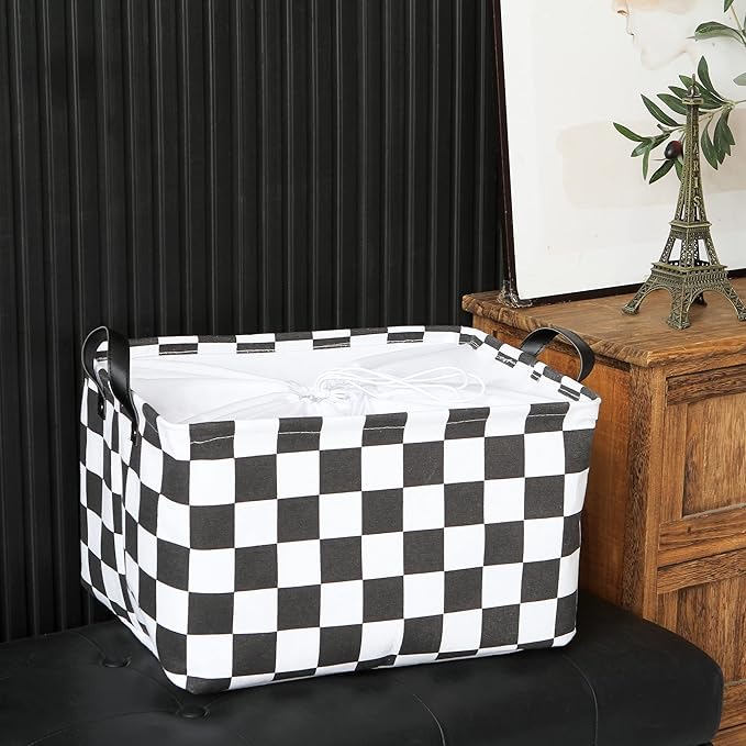 Hinwo Large Canvas Fabric Storage Basket with Handles, 33L/8.6-Gal Rectangle Bin, Collapsible Storage Box, Clothes, Toys, Blankets Organizer, 16.5 x 12 x 10 Inches (L, Black Checkerboard)