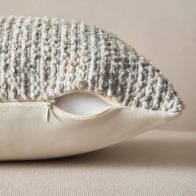 Allorry Decorative Couch Throw Pillow Covers 20x20 Cream Gray Striped Soft Wool Pillow Covers Neutral Textured Boho Cushion Covers for Modern Farmhouse Sofa Bedroom Living Room Decor SY011-B20