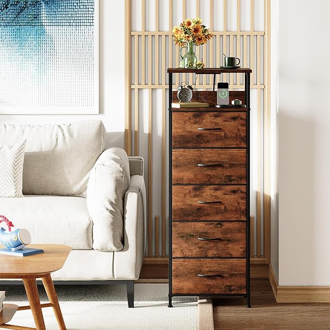 Somdot Tall Nightstand with Charging Station and LED Light for Bedroom, 5 Drawers Dresser with Fabric Bins for Bedside Kids Dorm Room Closet Laundry Entryway, Wood Grain Print