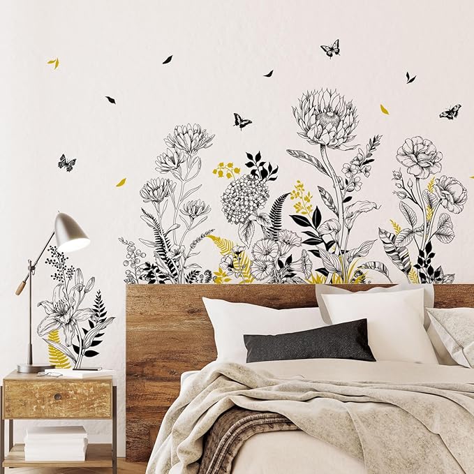Black Yellow Flower Wall Decals, 3 Sheets Sketch Garden Floral Wall Stickers Simple Line Wildflower Grass Butterflies Art Decor Bedroom Bathroom Hallway Sofa Gifts for Mom(11.8x35.4 in/Sheet)