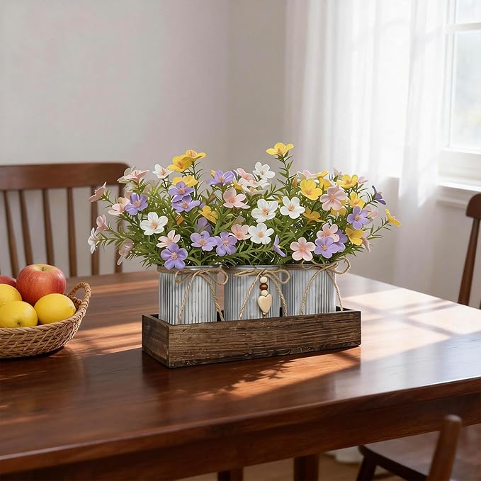 Artificial Gypsophila Baby's Breath, Rustic Table Centerpieces Home Decor for Dining Room, Farmhouse Wood Planter Box with 3 Galvanized Metal Pots Decorative Table Centerpiece