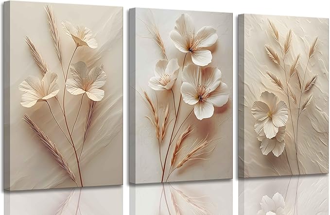 3Pcs Neutral Beige Floral Botanical Canvas Wall Art Modern Simple Texture Flower Plant Painting Picture Wall Decor Vintage Blossom Poster Print Artwork for Living Room Bedroom Bathroom