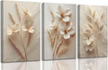 3Pcs Neutral Beige Floral Botanical Canvas Wall Art Modern Simple Texture Flower Plant Painting Picture Wall Decor Vintage Blossom Poster Print Artwork for Living Room Bedroom Bathroom