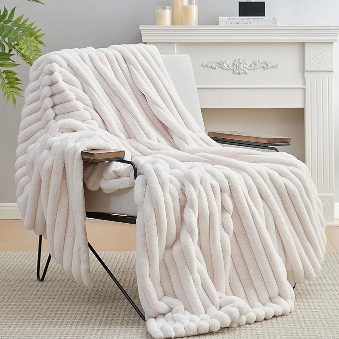 Amélie Home Faux Fur Throw Blanket for Couch, Cozy Fuzzy Fluffy Fur Luxurious Soft Striped Plush Gift Blankets for Family Sofa Chair, 60"x80", Ivory