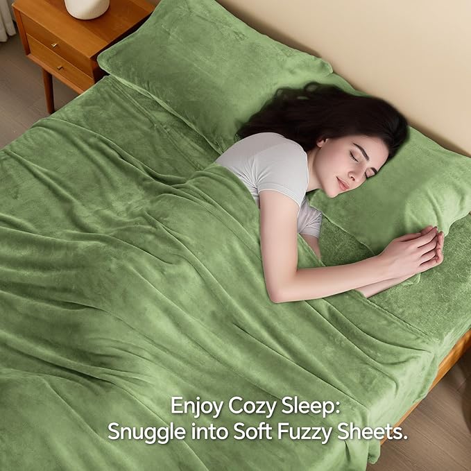 BEDELITE Flannel Sheets Queen Size Sage Green - Super Soft Fleece Sheets Set Fluffy Extra Plush, 4 Piece(Include Fitted Sheet, Flat Sheet, 2 Pillowcases)