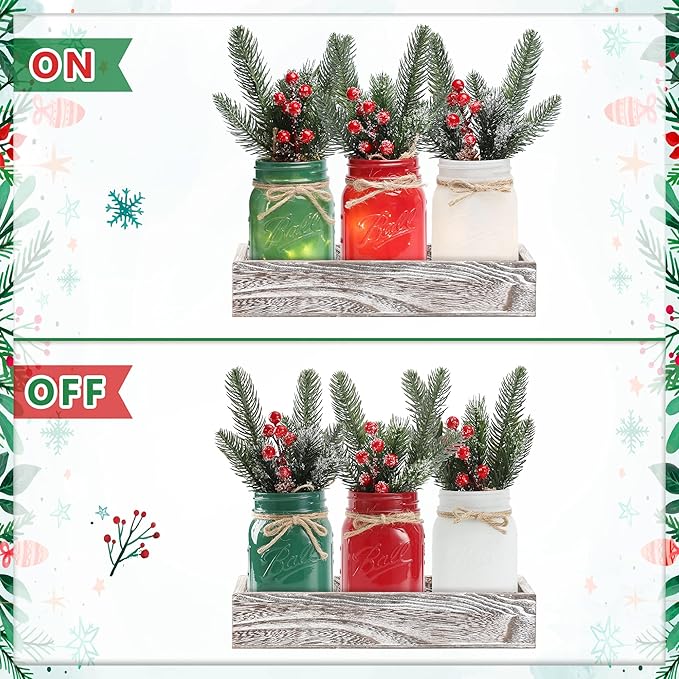 Christmas Mason Jars, Christmas Centerpiece for Table, Set of 3 Colorful Mason Jars with Lights & Artificial Plants, Kitchen Xmas Dining Table Decoration, Winter Home Decor