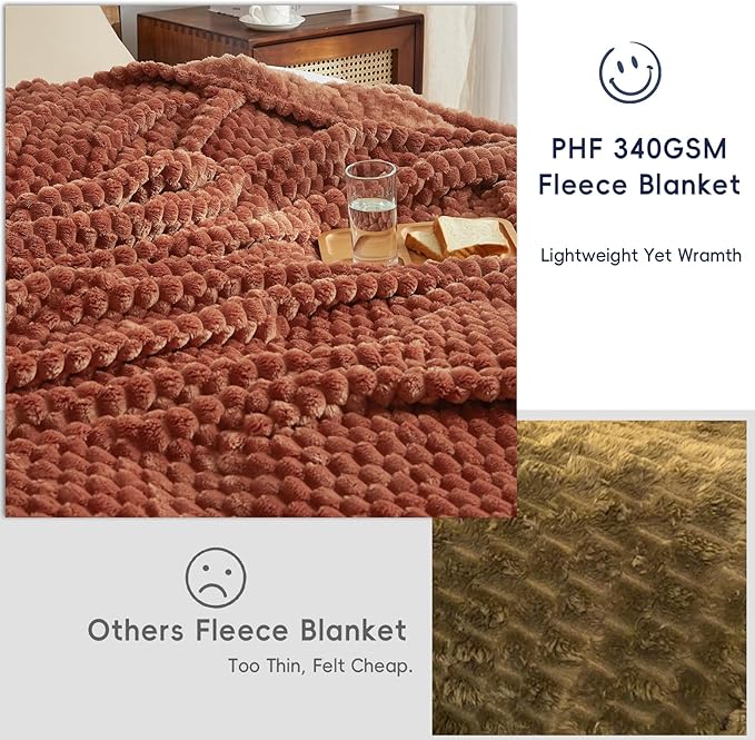 PHF Ultra Soft Flannel Fleece Blanket Queen Size, Lightweight 3D Jacquard Fleece Blanket, No Shedding, No Pilling, Luxury 340GSM Aesthetic Fluffy Cozy for Bed Room Decor, 90"x90", Terracotta