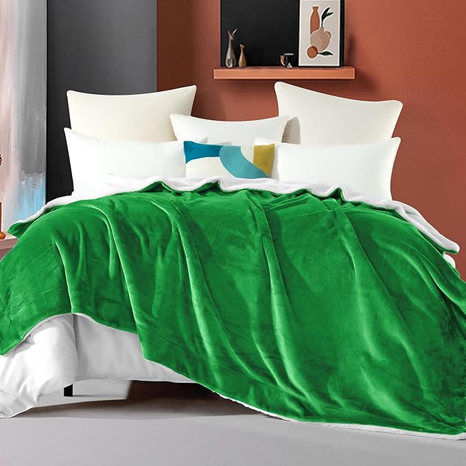 Elegant Comfort Ultra Soft Reversible Flannel Sherpa Blanket - Cozy Silky Fleece Throw for Couch, Bed - Plush Fuzzy Warm Winter Blanket for Gift, King, Emerald Green