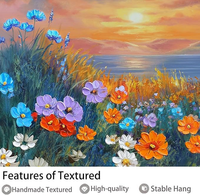 Ardemy Wildflower Wall Art for Living Room Large Framed Floral Canvas Pictures Bedroom Wall Decor, Sunset Painting Flower Textured Artwork for Wall Dining Room Home Office 48"x24"