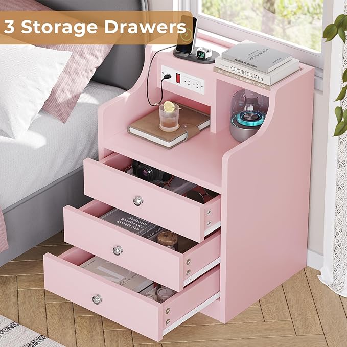 ADORNEVE Night Stand Set 2,Pink Nightstand with Charging Station & Hutch,Night Stands for Bedrooms Set of 2,Bedside Table with Drawers