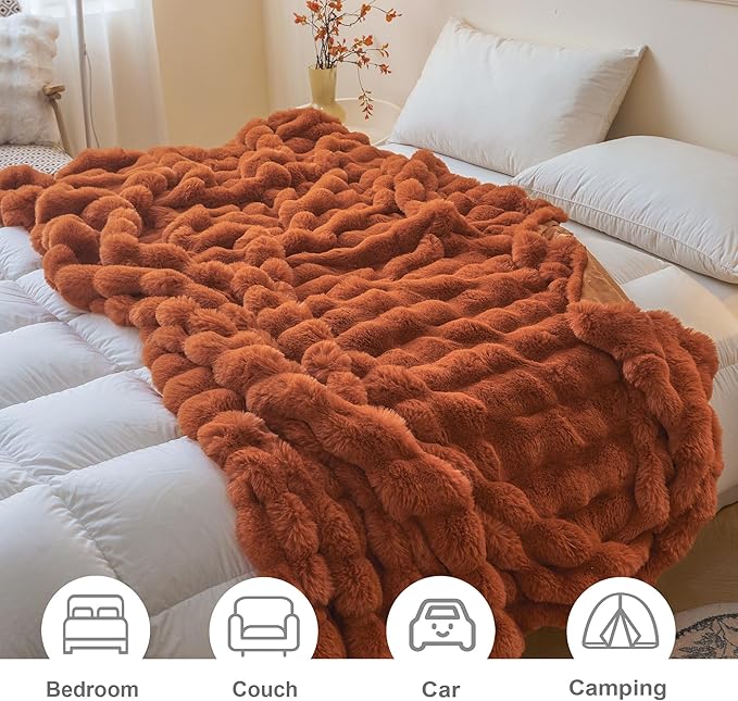 LIFEREVO Fluffy Faux Rabbit Fur Bubble Blanket, Plush Shaggy Waffle Throw for Couch Sofa, Cozy Comfy Furry Bed Blanket Adults Kids Teens Girls, Fuzzy Throw for Bedroom Living Room, 60x90, Burnt Orange